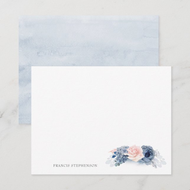 Carte De Correspondance Blue Pink Floral Elegant Nom complet ou Nom de cou (Devant / Derrière)
