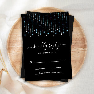Carte De Correspondance Blue Silver Stars String Lights Wedding RSVP