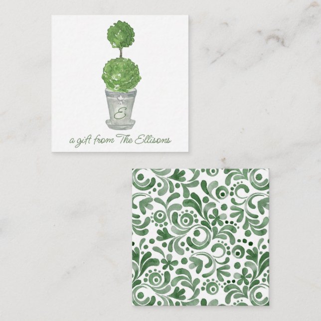 Carte De Correspondance Boîtier Cadeau Topiaire Monogrammé Aquarelle (Devant / Derrière)