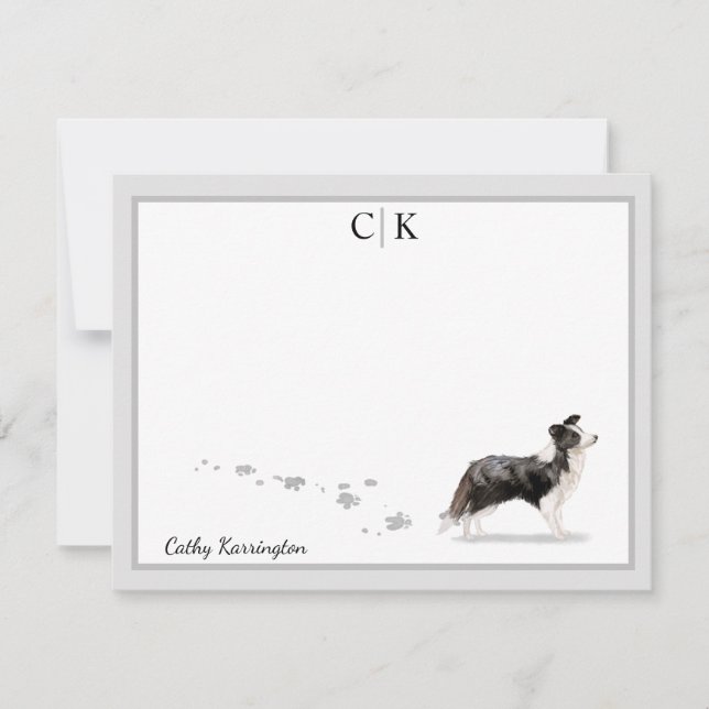Carte De Correspondance Bordure Collie Chien Gris Bordure Monogramme Votre (Devant)