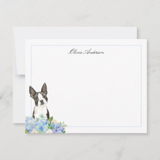 Carte De Correspondance Boston Terrier Blue Hydrangea Personnalisé
