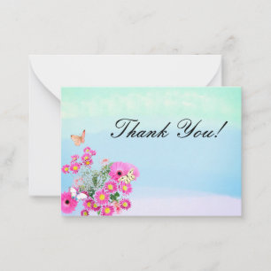 Carte De Correspondance Bouquet de fleurs roses et papillons Merci