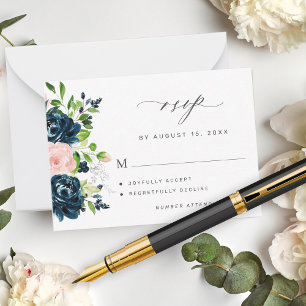 Carte De Correspondance Budget élégant bleu marine rose mariage mini RSVP