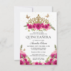 Carte De Correspondance BUDGET Élégant rose Floral Or Tiara Quinceanera