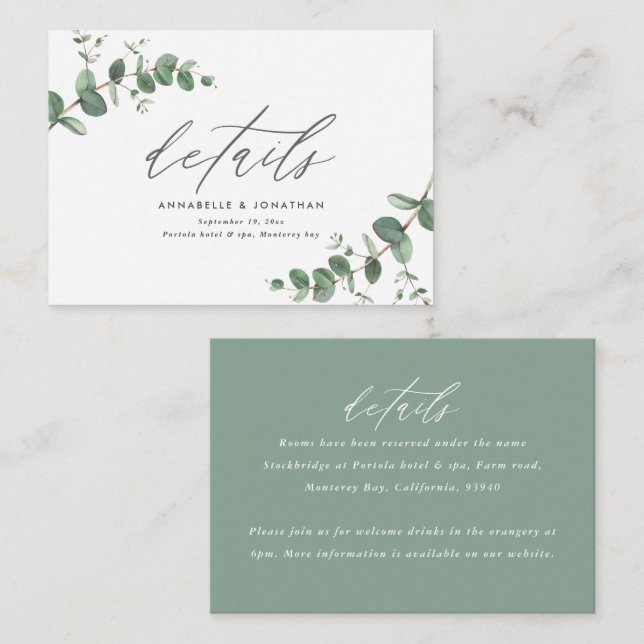 Carte De Correspondance budget Eucalyptus sauge vert détails Mariage (Devant / Derrière)