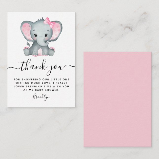 Carte De Correspondance BUDGET Pink Elephant Baby shower Merci (Devant / Derrière)