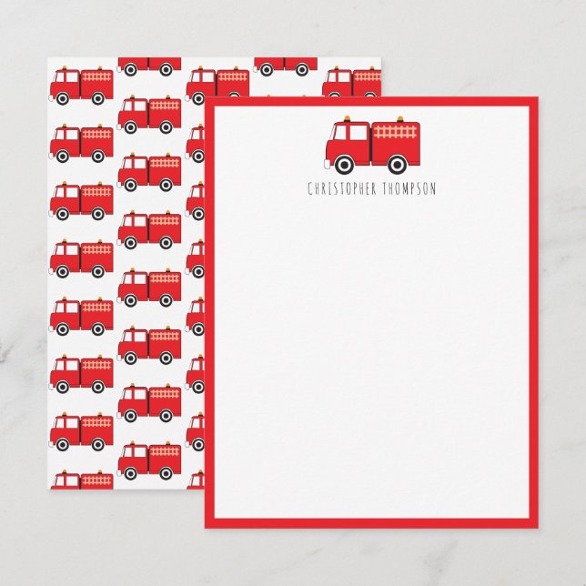 Carte De Correspondance Camion de pompiers rouge pour enfants personnalisé (Devant / Derrière)