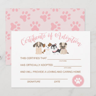 Carte De Correspondance Certificat d'adoption d'un chiot pour son annivers