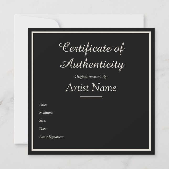 Carte De Correspondance Certificat d'authenticité personnalisable noir (Devant)