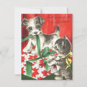 Carte De Correspondance Chat Et Chien De Noël Vintage Avec Présence