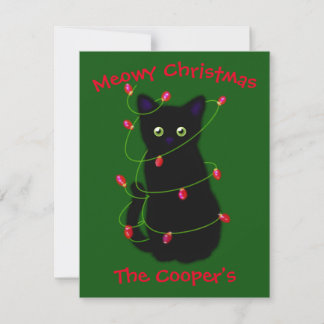 Carte De Correspondance chat noir | Meowy Christmas | lumières à scintille
