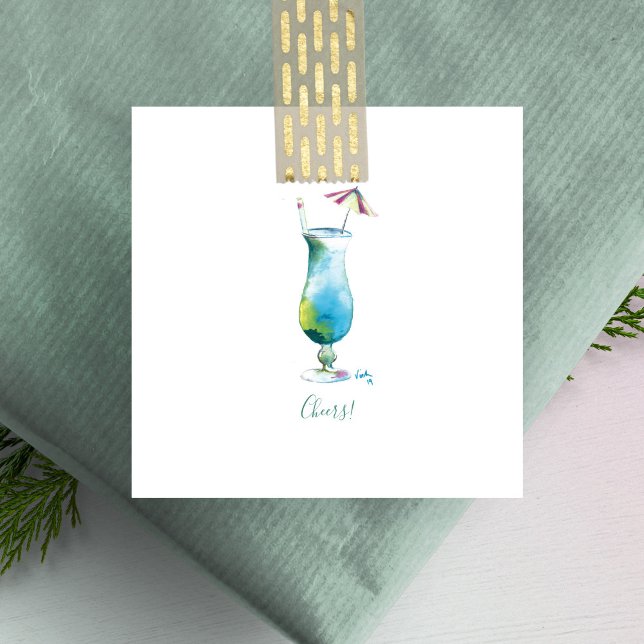 Carte De Correspondance Cheers Mini Holiday Blue Hawaii Cocktail (Watercolor blue Hawaii cocktail mini notecards unique art by Victoria Grigaliunas of Do Tell A Belle)