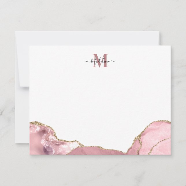 Carte De Correspondance Chic Blush rose Agate Géode Marbre Monogramme Note (Devant)
