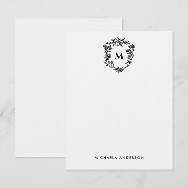 Carte De Correspondance Cimier floral Élégant Monogramme & Nom (Devant / Derrière)
