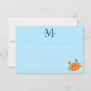 Carte De Correspondance Crabe de dessin animé mignon monogramme rayé océan