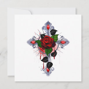 Carte De Correspondance Croix d'argent avec une rose rouge