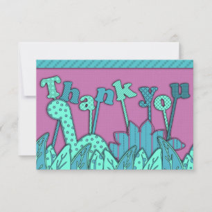 Carte De Correspondance Cute Dinosaur Thème Plat Merci Note Turquoise