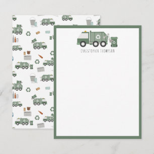 Carte De Correspondance Cute Green Recycling Véhicules Camion Enfants Nom