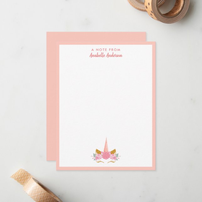 Carte De Correspondance Cute Whimsical Blush rose Unicorn (Devant/Arrière en situation)