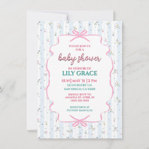 Carte De Correspondance Douce Baby Shower Ruban & Fleur rayée