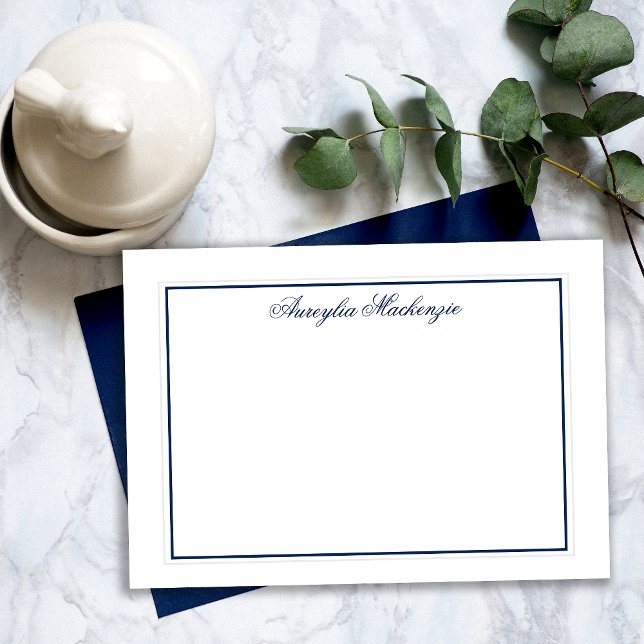 Carte De Correspondance Elégant bleu marine et blanc Personnalisé (Elegant Navy Blue and White Personalized Note Cards)