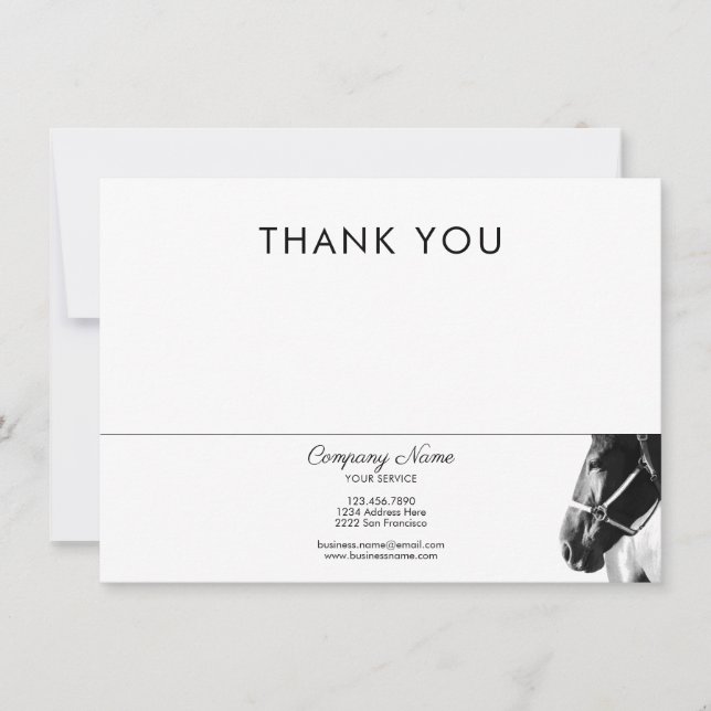 Carte De Correspondance Elégant Cheval Côté Tête BW Merci (Devant)