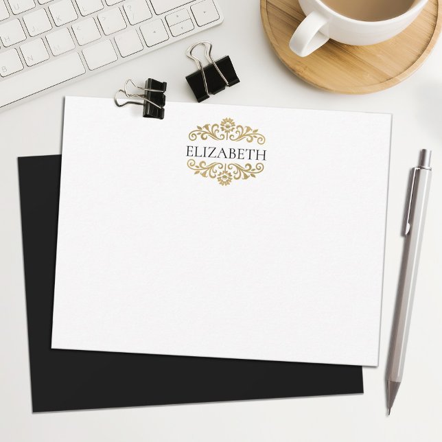 Carte De Correspondance Elegant Chic Modern Monogram Black Gold  (An elegant gold and black monogram stationery notecard. Personalize it with your name.)