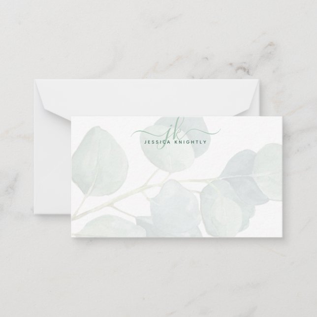 Carte De Correspondance Élégant Eucalyptus Script Monogrammes Initiales (Devant)