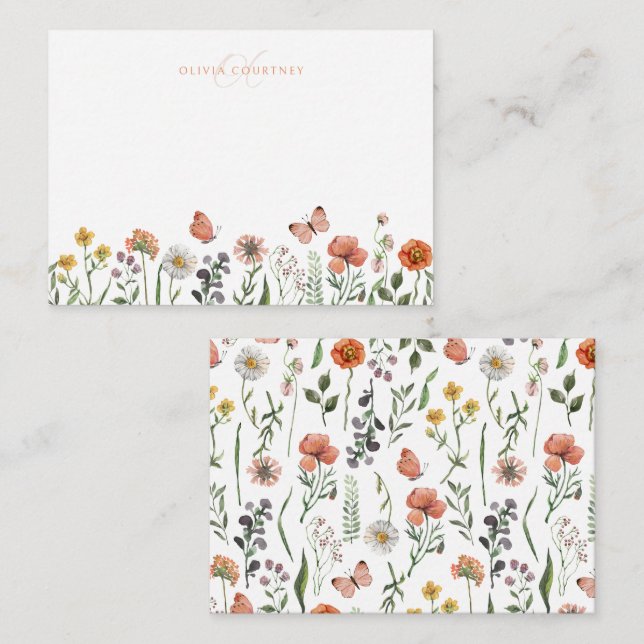 Carte De Correspondance Élégant Fleur sauvage d'aquarelle Monogramme moder (Devant / Derrière)