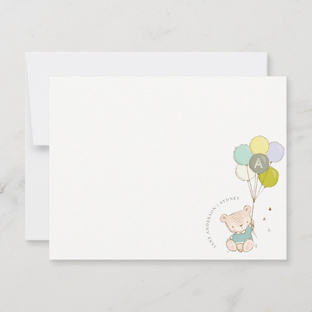 Carte De Correspondance Élégant Mignon Ballon Ours Bleu Garçons Monogramme (Devant)