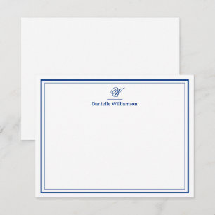 Carte De Correspondance Élégant Monogramme bleu marine Double bordure plat