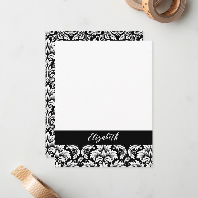 Carte De Correspondance Elégant noir blanc Damas (Devant/Arrière en situation)