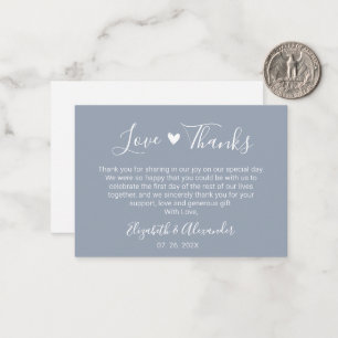 Carte De Correspondance Élégant Script Coeur Dusty Mariage bleu Merci