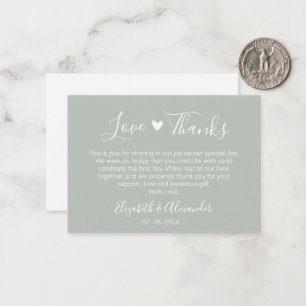 Carte De Correspondance Élégant Script Coeur Sage Vert Mariage Merci