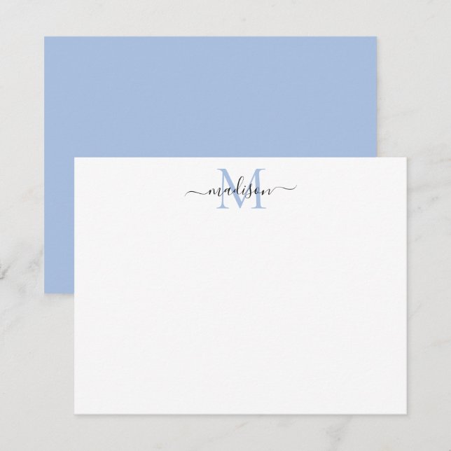 Carte De Correspondance Élégant Script Girl Dusty Blue Monogramme (Devant / Derrière)