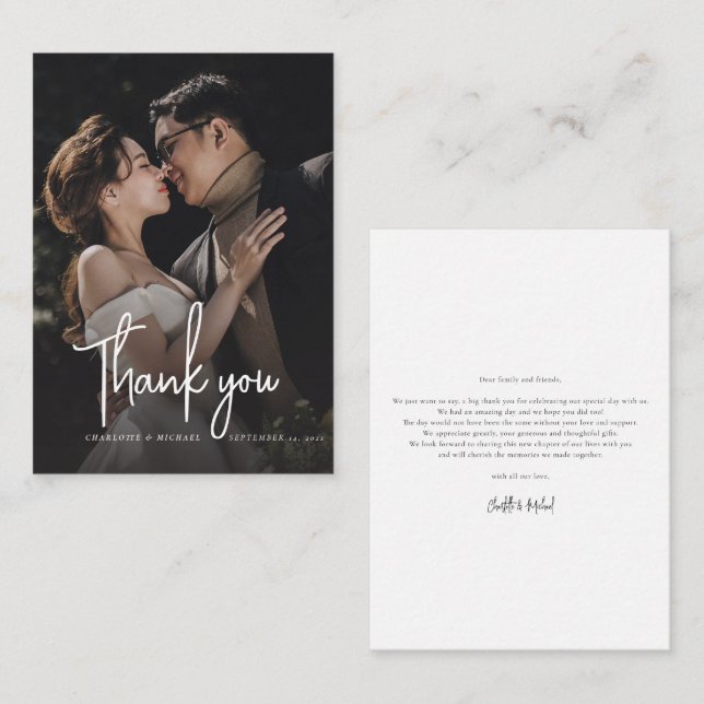 Carte De Correspondance Élégant Script Mariage Jour Photo Merci (Devant / Derrière)
