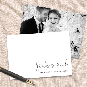 Carte De Correspondance Élégant Script noir blanc Photo Mariage Thankyou