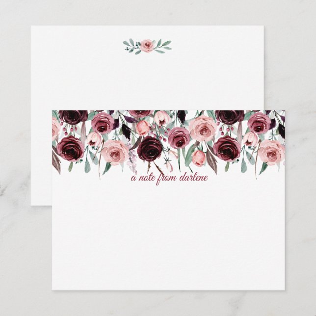 Carte De Correspondance Elégants Roses d'aquarelle bordeaux et roses | (Devant / Derrière)