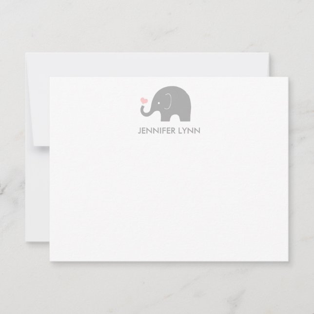 Carte De Correspondance Elephant Merci Note-Grey & Rose (Devant)