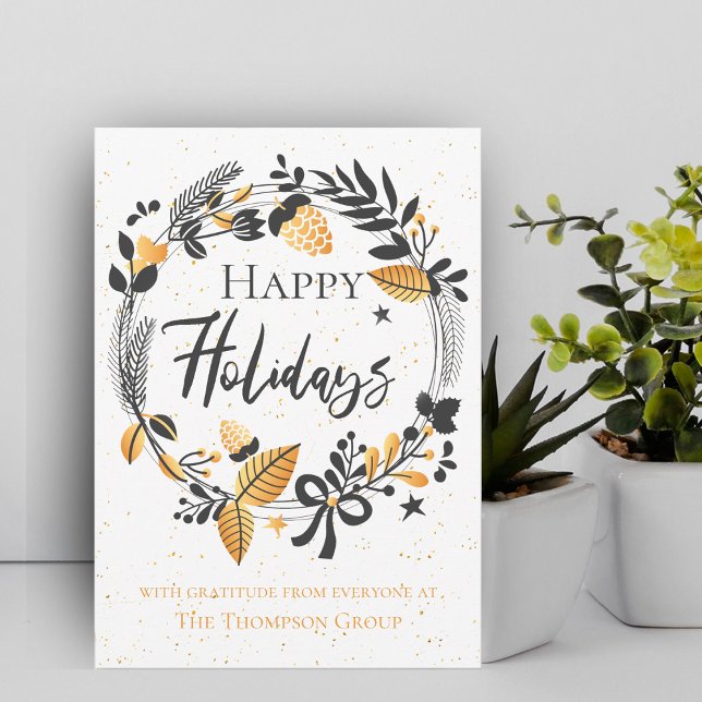 Carte De Correspondance Entreprise | Courbe noire jaune | Joyeuses fêtes (Corporate | Yellow Black Wreath | Happy Holidays Note Card)
