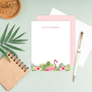 Carte De Correspondance Flamant Rose Tropical Hibiscus Monogramme