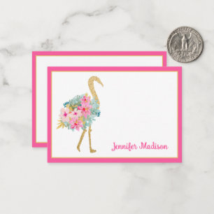 Carte De Correspondance Flamants roses tropicaux rose et or avec fleurs