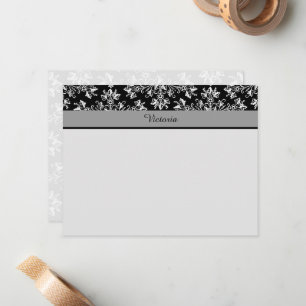 Carte De Correspondance Fleur de Damas noir blanc modifiable 4,25x5,5