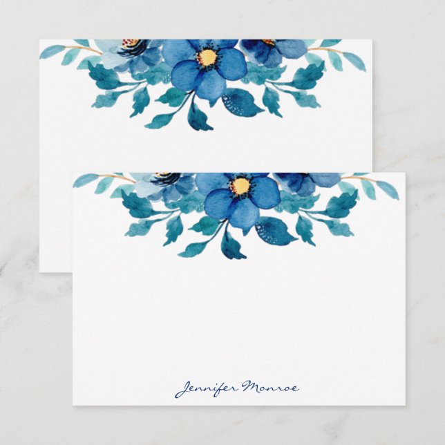 Carte De Correspondance Fleurs d'aquarelle bleue personnalisées (Devant / Derrière)