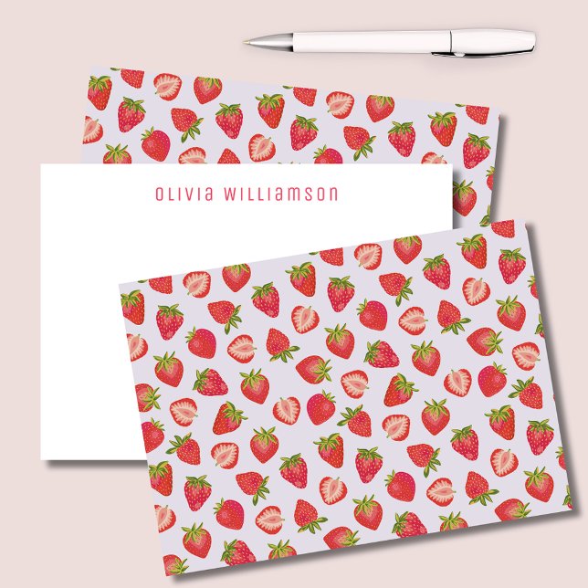 Carte De Correspondance Fraise rose mignonne (Strawberry notecards with personalized name or choice of text to one side. )