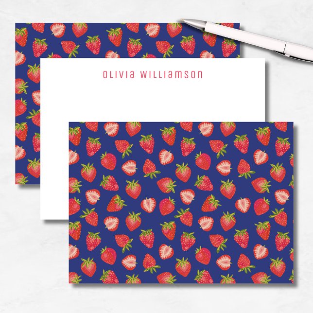 Carte De Correspondance Fruit fraise Nom personnalisé (Fun strawberry notecards on blue background. Customize with your own name or choice of text.)