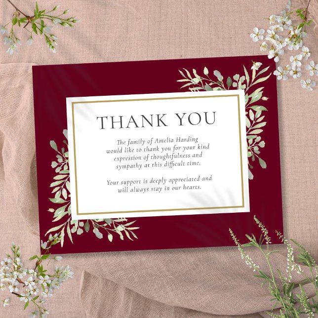 Carte De Correspondance Funérailles Bourgogne verdure Merci (Funeral Burgundy Greenery Thank You Note Card)