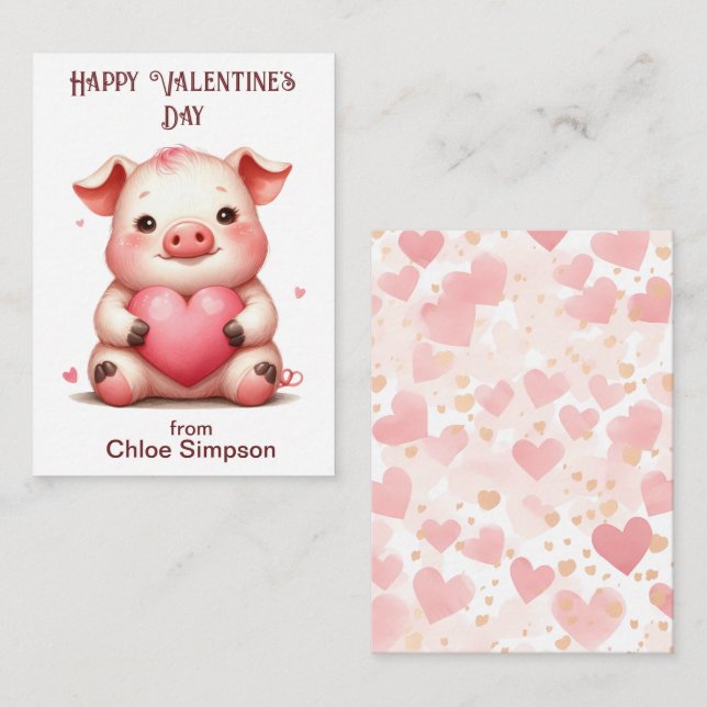 Carte De Correspondance Funny Pig Kid's Valentine Classroom Party (Devant / Derrière)