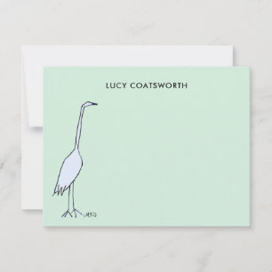 Carte De Correspondance Grand Héron Bleu Monogramme Oiseau Bohème Vert