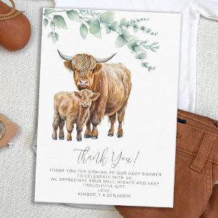 Carte De Correspondance Highland Cow Boho Baby shower vert Merci
